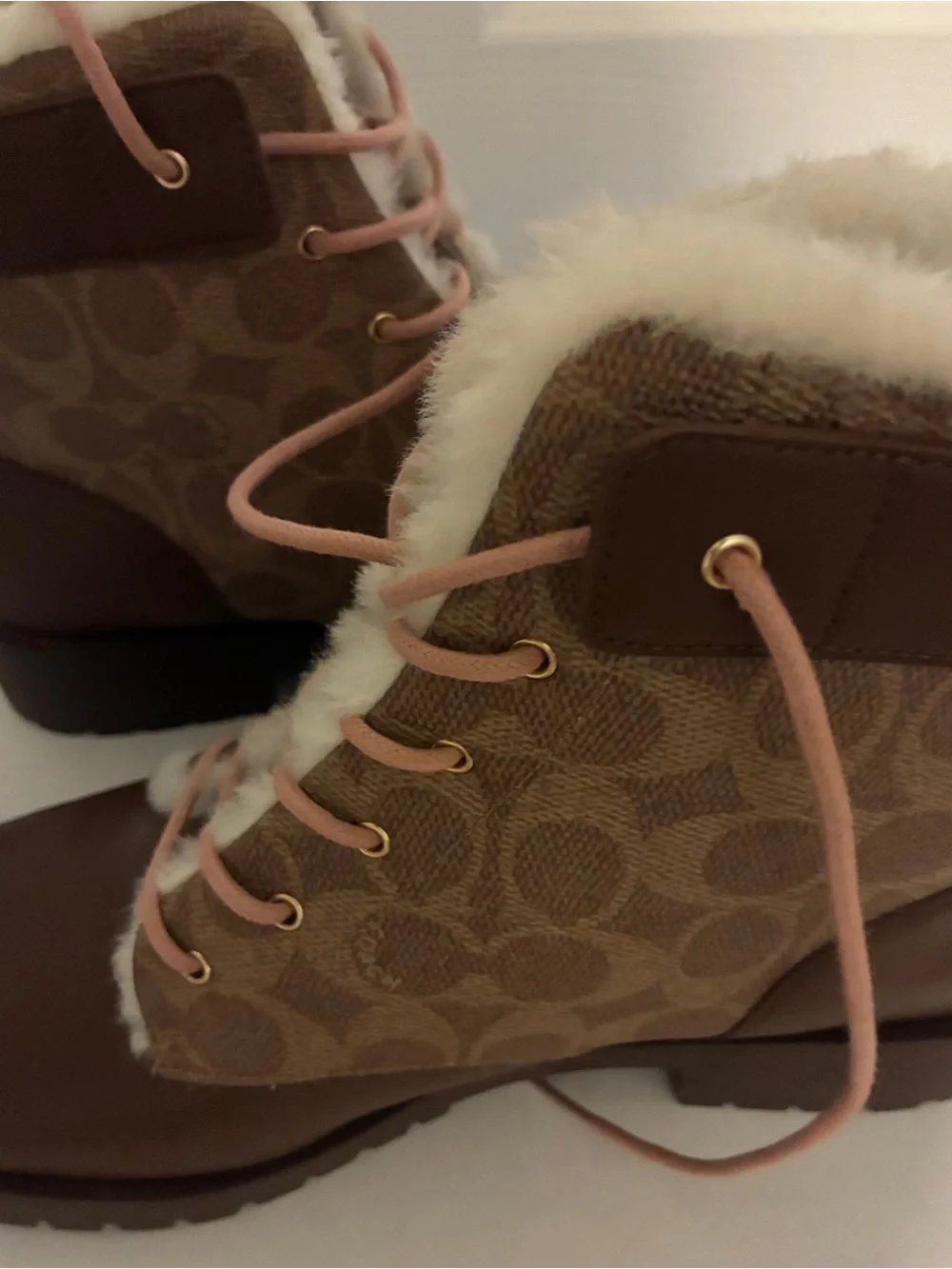 Women's COACH Brown Faux-Fur Trim Lace-Up Winter Boots